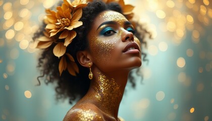 Radiant woman adorned with golden glitter and floral crown