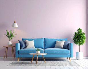 Bright blue sofa with decorative pillows in cozy living room