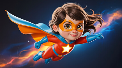 Cute 3d illustration of a confident cartoon superhero brunette toddler girl flying against a cosmic background with yellow motion streaks following her path
