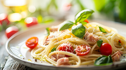 A beautifully plated capellini pasta dish served on a simple ceramic plate, topped with cherry tomatoes, tuna flakes, cubes of baby cheese, drizzled with olive oil and a hint of lemon juice