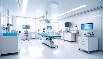 最新鋭の医療設備を完備した清潔で明るいモダン病院の診察室内装デザイン
