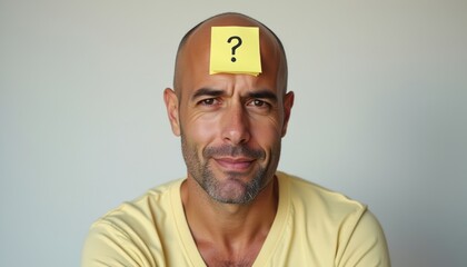 Man with a question mark sticky note on his forehead