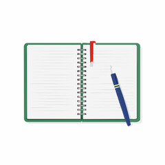 Spiral-bound notebook opened halfway, with lined pages, a pen clipped to the cover, and a ribbon bookmark hanging out.
