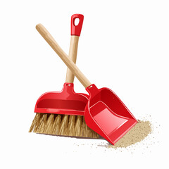 Red plastic dustpan paired with a wooden-handled broom with stiff bristles. Slight trail of dust nearby.
