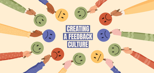 Flat feedback culture with customer review and survey concept. Hands hold emoji faces for feedback, opinion, and satisfaction. Creative marketing for client support, colorful layout business success.