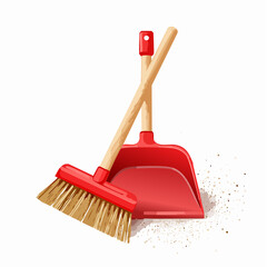 Red plastic dustpan paired with a wooden-handled broom with stiff bristles. Slight trail of dust nearby.
