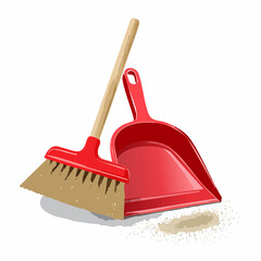 Red plastic dustpan paired with a wooden-handled broom with stiff bristles. Slight trail of dust nearby.
