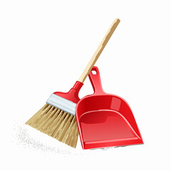 Red plastic dustpan paired with a wooden-handled broom with stiff bristles. Slight trail of dust nearby.
