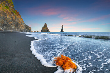 Impressive landscape with basalt rock formations Troll Toes on Black beach Reynisfjara near the...