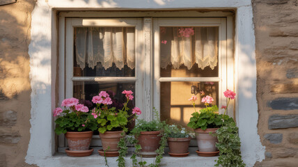 Fototapeta premium Charming old window with vibrant pink geraniums in pots on a rustic stone house wall. 