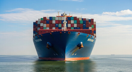 front view of cargo ship loaded with colorful containers sailing on calm waters