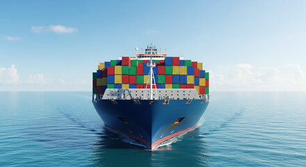 front view of cargo ship loaded with colorful containers sailing on calm waters