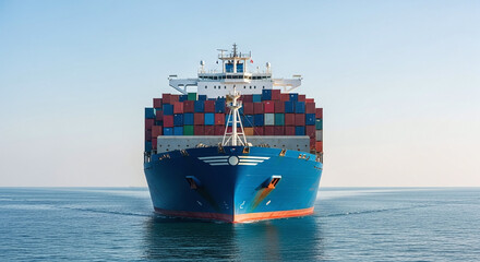 front view of cargo ship loaded with colorful containers sailing on calm waters