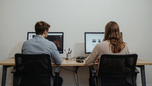 Two People Working at Desk with Computers, Rear View - Powered by Adobe