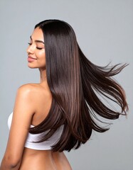 Naklejka premium Woman with Shiny Hair Blowing in Wind – Haircare Beauty Shot