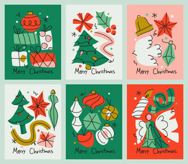 Christmas cards set with stylish hand drawn elements like Christmas tree, angel, gift, candle and Christmas ball. Elegant vector illustration with holiday retro decor