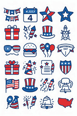 Fototapeta premium Fourth of July doodle set. National symbols of USA Independence Day, party decorations, fireworks, Uncle Sam hat, medal, flags and maps. Hand drawn vector illustration isolated on white background.