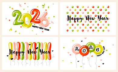 New Year 2026 greeting card with multicolored balloons and hand drawn numbers on white background. Bright and festive vector illustration for holiday calendar or seasonal brochure cover