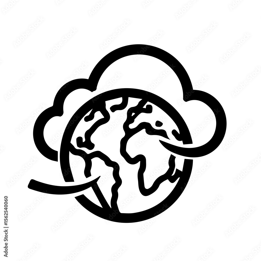 Poster stylized globe encircled by a cloud representing global connectivity and cloud services on transpare