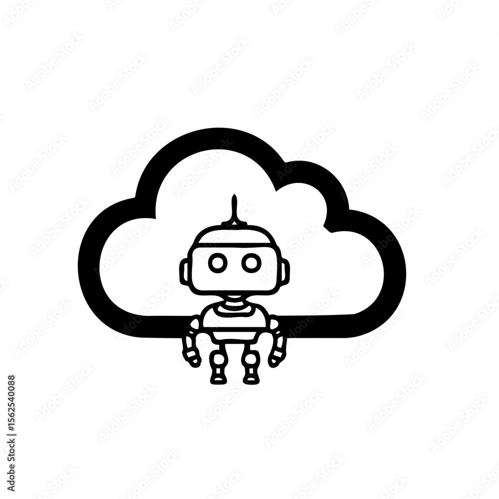 Aufkleber stylized robot sitting in a cloud symbolizing cloud-based technology and artificial intelligence on 