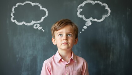 Thoughtful boy pondering ideas with chalk clouds above
