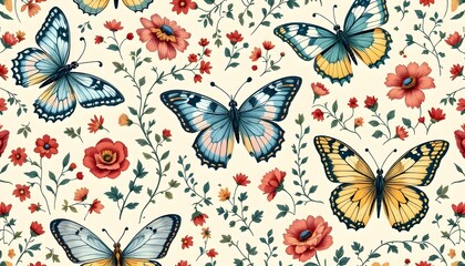 Obraz premium Delicate Floral Pattern with Butterflies on a Cream Background