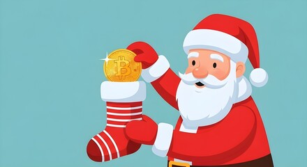 Santa Claus Holding Golden Bitcoin – Crypto Christmas Stocking Gift Illustration in Flat Contemporary Style