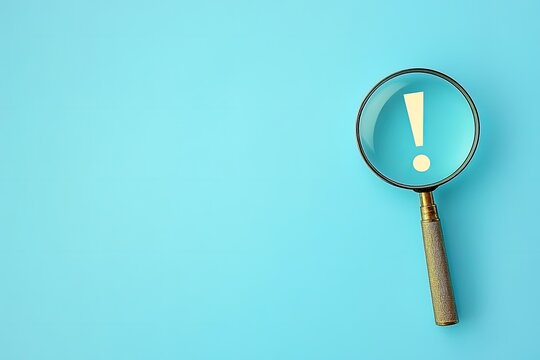 Magnifying glass focuses on an exclamation point on a light-blue background