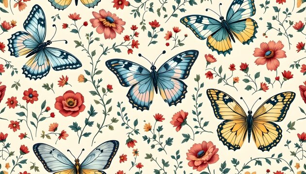 Delicate Floral Pattern with Butterflies on a Cream Background