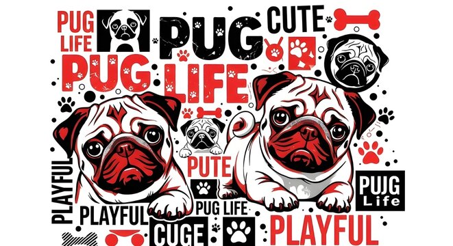 Black, Red & White Graphic Pug Dog Background – Cute Portrait with Text & Symbols 