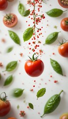 Naklejka premium Fresh Tomato Splash with Basil and Droplets