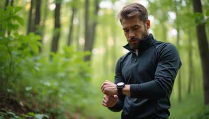 Focused man checking smartwatch in lush green forest
