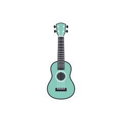 Naklejka premium Illustration of a teal colored ukulele with black tuning pegs and strings on white background