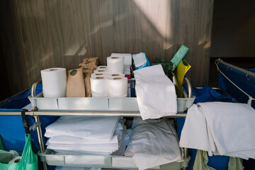 Hotel housekeeping cart with supplies