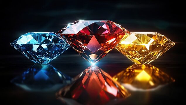 Three vibrant, faceted gemstones?a blue, red, and yellow diamond?stand prominently on a dark surface, their reflections mirroring their brilliance.