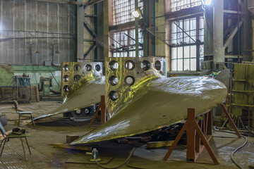 Icebreaker propeller on a machine in the plant workshop.