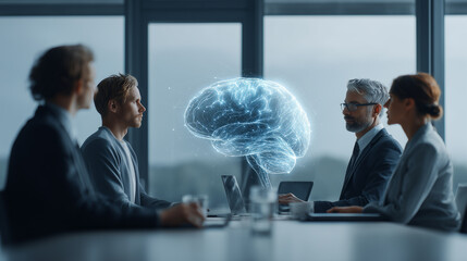 Diverse group discussing artificial intelligence ethics in modern office with holographic ai brain