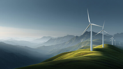 Wind turbines on rolling green hills with mountains in the background under a clear blue sky