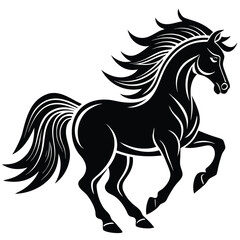  a wild horse running gracefully, dynamic mane and tail flowing in the wind, minimal abstract vector design, isolated on white background, perfect for equine-themed art, logo, or nature branding