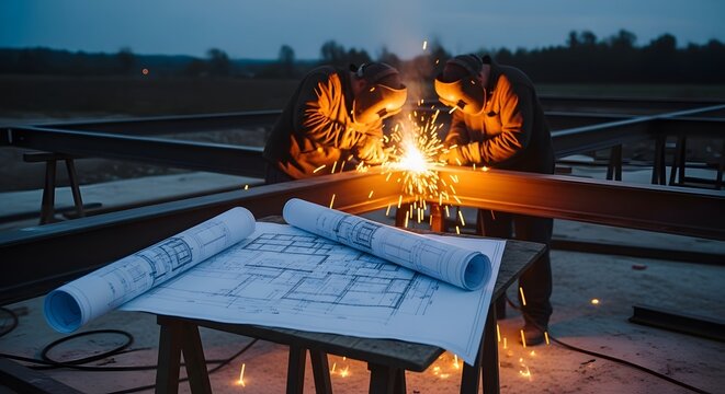 Construction scene with a welder working on metal beams. Blueprints are placed on a table. Sparks and light illuminate the scene. Nighttime ambiance.