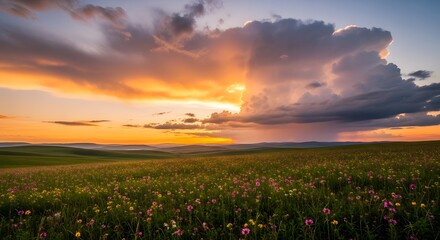 Fototapeta premium Vibrant Wildflower Meadow Under Dramatic Sunset Sky with Golden Light and Storm Clouds