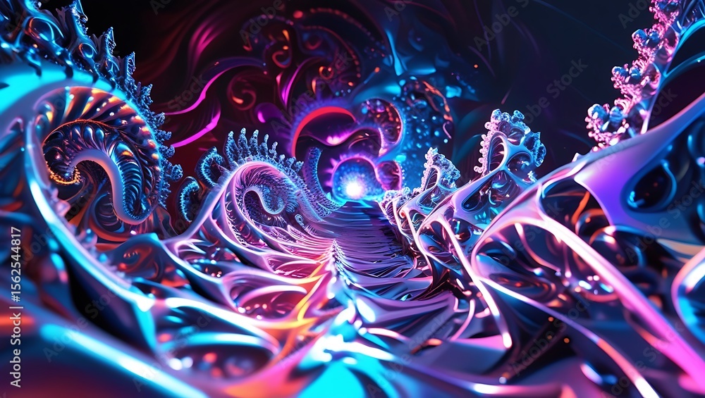 Fototapete vivid neon fractal structures illuminate a mesmerizing digital artscape with intense glowing colors 