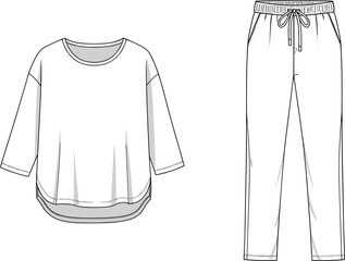 Loungewear set front and back views, cad drawing flat vector illustration, loose-fit sweatshirt, drawstring pants, round neck, relaxed fashion sketch © Bokul Creatives
