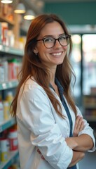 Smiling female pharmacist in a white coat