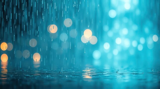 Abstract blue rain and bokeh lights creating a calming, dreamy atmosphere with water reflections and soft glow effects
