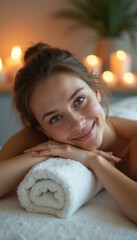 Relaxed woman enjoying a spa treatment with candles in the background