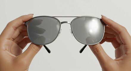Female hands holding mirrored sunglasses, white background