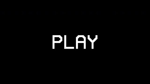 Play text animation with a glitch effect. Cyberpunk text with an old TV distortion effect. Retro, vintage 8-bit game style. Embedded alpha channel. ProRes 4444