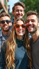 Joyful group of friends smiling together in the sun