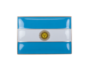 A glossy enamel pin showcasing the vibrant Argentine flag, a symbol of national pride